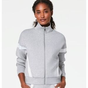 SPANX AirEssentials Striped Funnel Neck Track Jacket, Small Light Heather Grey
